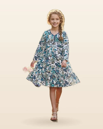Royal Teal Multi Floral Flared Cotton Frock by ASC