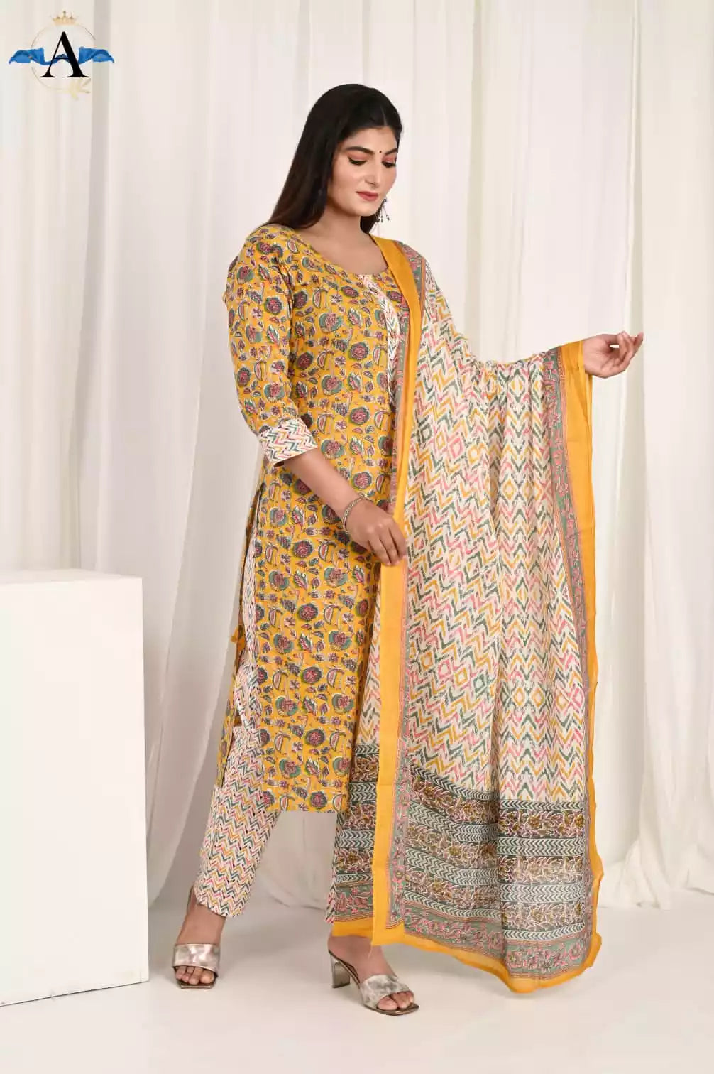 Readymade Block Print Cotton Suit With Cotton Dupatta