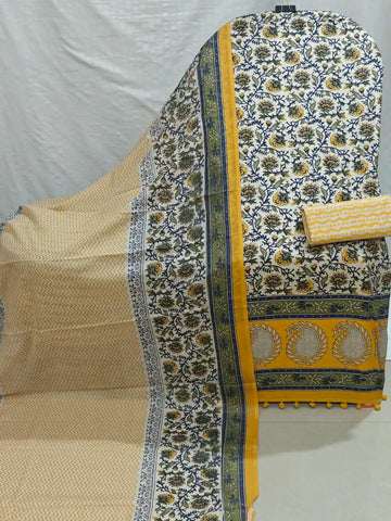 Mustard Yellow Traditional Jaipuri Floral Print Cotton Unstitched Suit