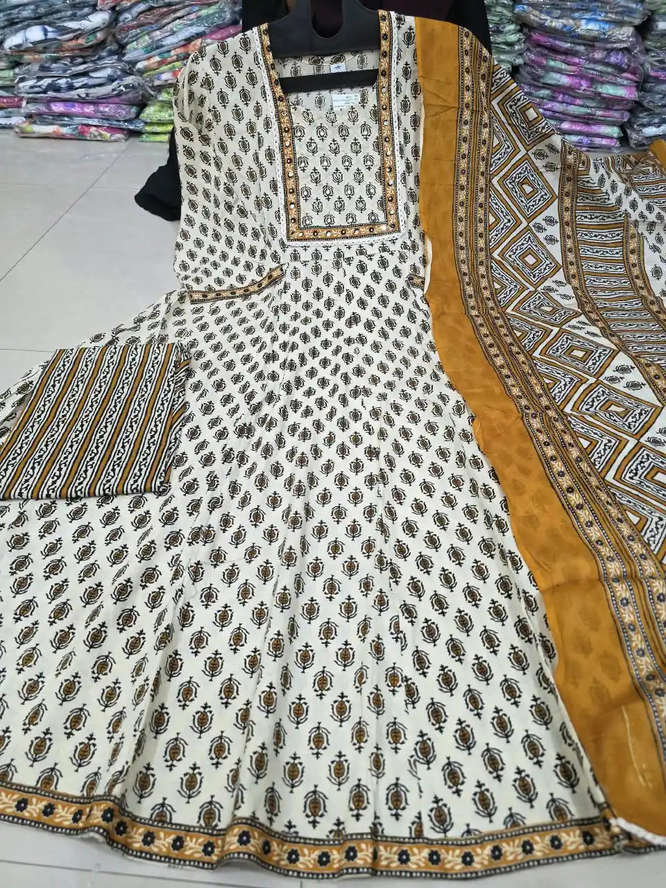 Mustard Anarkali Pattern With Classic Jaipuri Buti Print & Hand Work By ASC