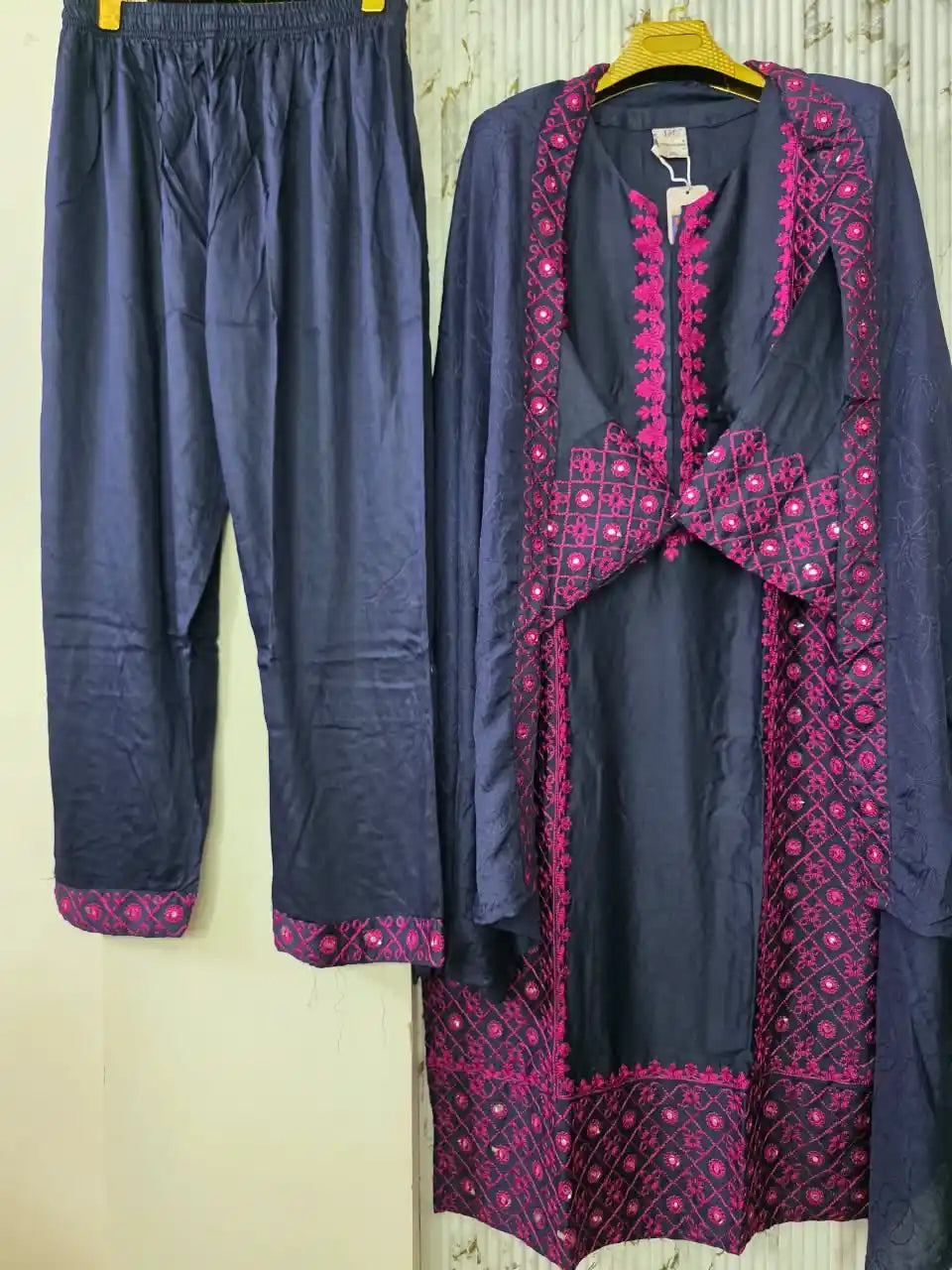 Pakistani Embroidered Designer Blue Suit with contrast pink embroidery
