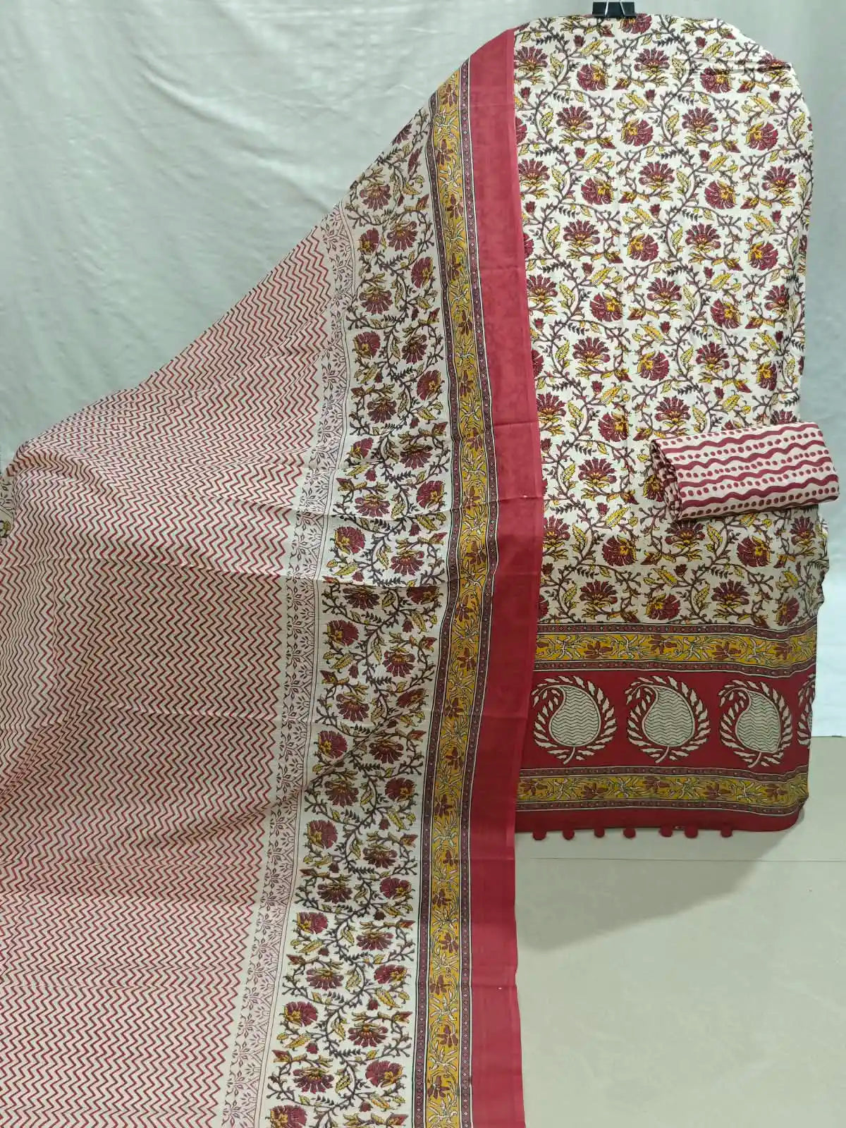 Red Traditional Jaipuri Floral Print Cotton Unstitched Suit - ASC Fashion Store