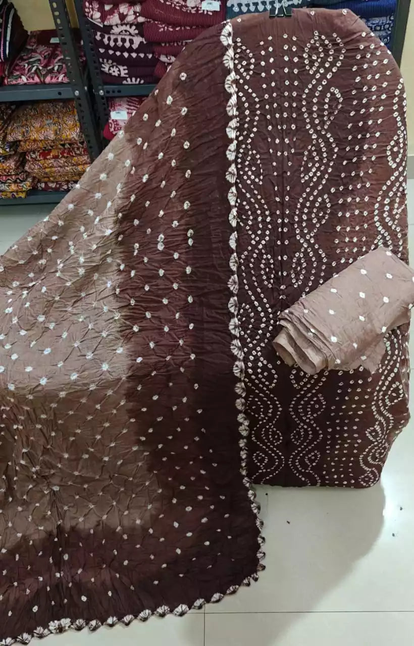 Premium Soft Satin Cotton Bandhej Shibori Tie & Dye Suit with Cotton Bandhej Bottom, Soft Cotton Bandhej Dupatta & Brocade Buta Work