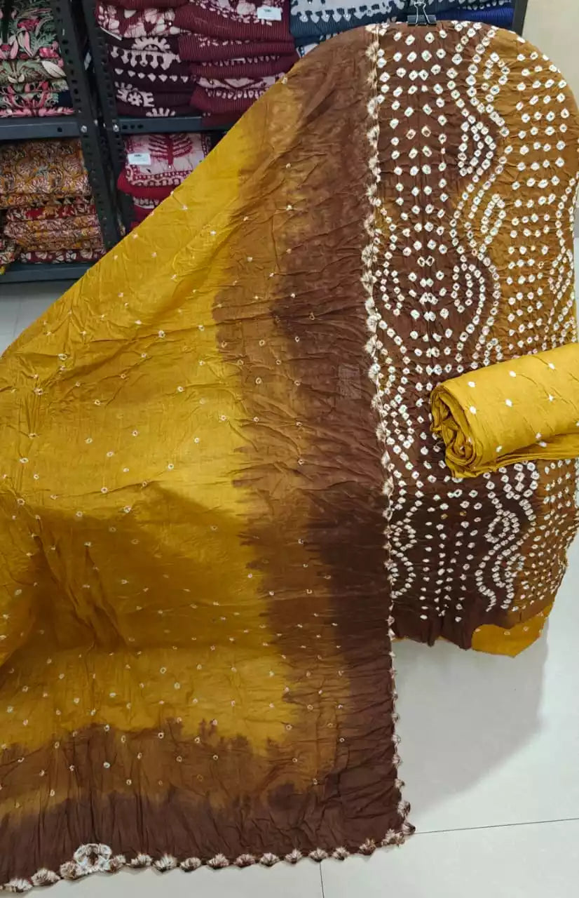 Premium Soft Satin Cotton Bandhej Shibori Tie & Dye Suit with Cotton Bandhej Bottom, Soft Cotton Bandhej Dupatta & Brocade Buta Work