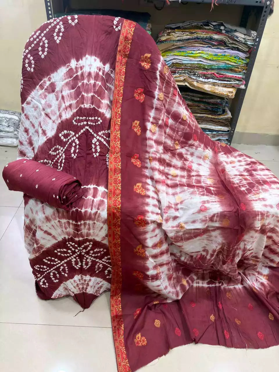 Premium Soft Satin Cotton Bandhej Shibori Tie & Dye Suit with Cotton Bandhej Bottom, Soft Cotton Bandhej Dupatta & Brocade Buta Work