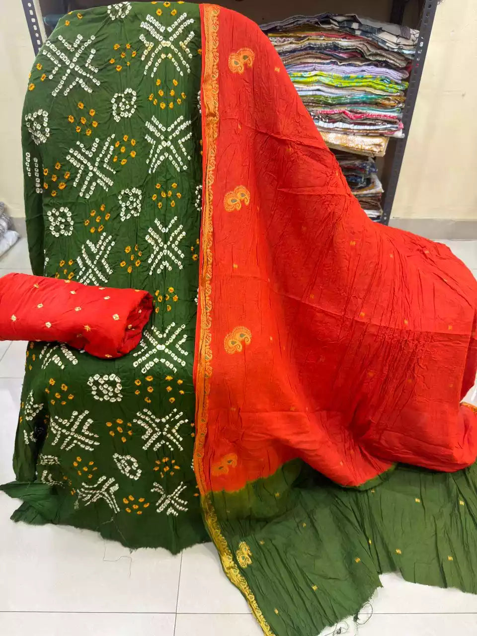 Premium Soft Satin Cotton Bandhej Shibori Tie & Dye Suit with Cotton Bandhej Bottom, Soft Cotton Bandhej Dupatta & Brocade Buta Work