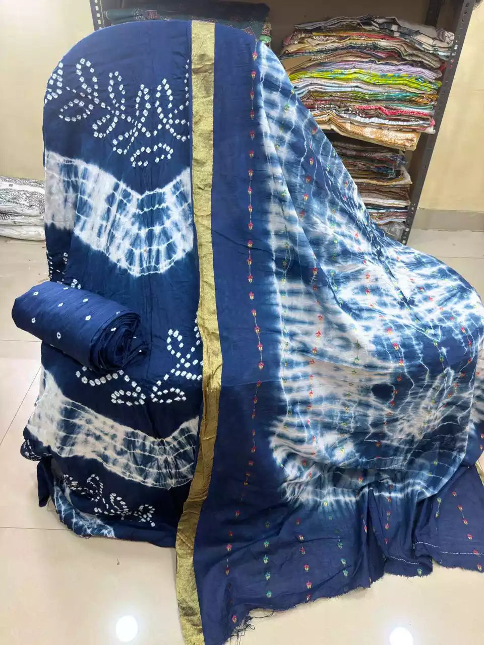 Premium Soft Satin Cotton Bandhej Shibori Tie & Dye Suit with Cotton Bandhej Bottom, Soft Cotton Bandhej Dupatta & Brocade Buta Work