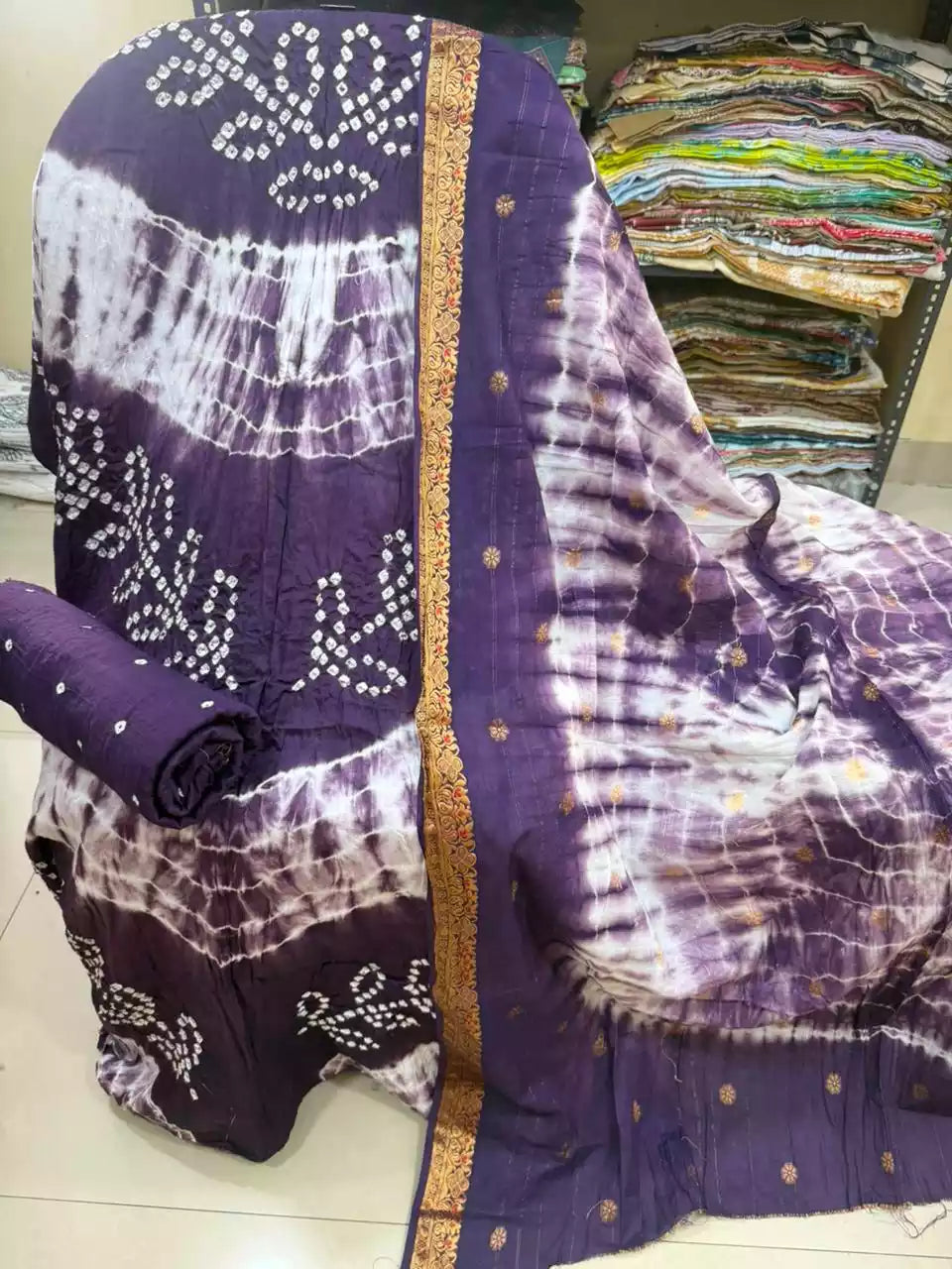 Premium Soft Satin Cotton Bandhej Shibori Tie & Dye Suit with Cotton Bandhej Bottom, Soft Cotton Bandhej Dupatta & Brocade Buta Work