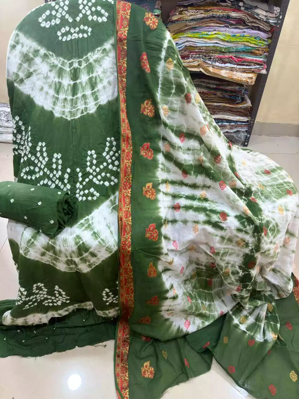 Premium Soft Satin Cotton Bandhej Shibori Tie & Dye Suit with Cotton Bandhej Bottom, Soft Cotton Bandhej Dupatta & Brocade Buta Work