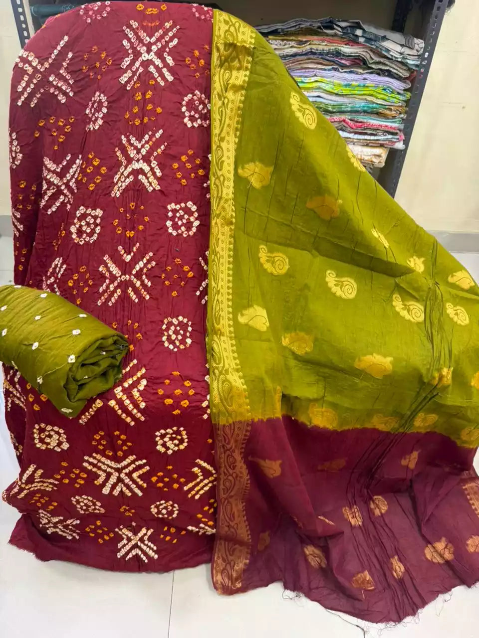 Premium Soft Satin Cotton Bandhej Shibori Tie & Dye Suit with Cotton Bandhej Bottom, Soft Cotton Bandhej Dupatta & Brocade Buta Work