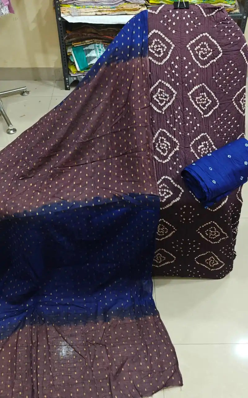 Deep coffee brown cotton bandhani suit material showcasing diamond shapes, styled with a striking dark indigo blue contrast dupatta.