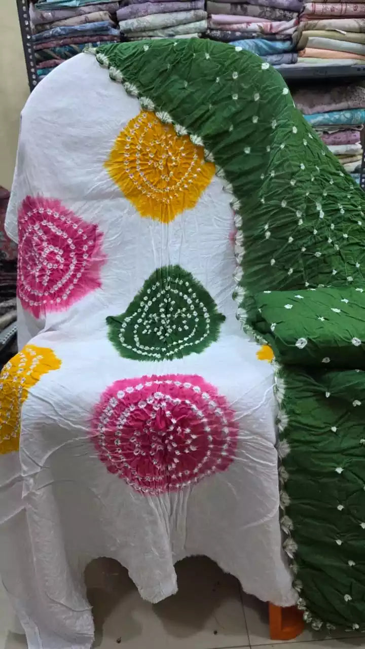 PREMIUM QUALITY UNSTITCHED SARTIN COTTON BANDHEJ SUIT WITH COTTON UNSTITCHED BOTTOM BANDHEJ AND COTTON BANDHEJ DUPATTA