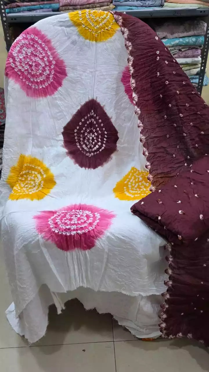 Festive White Traditional Multi-Color Bandhani Dress Material with Plain Contrast Maroon Dupatta