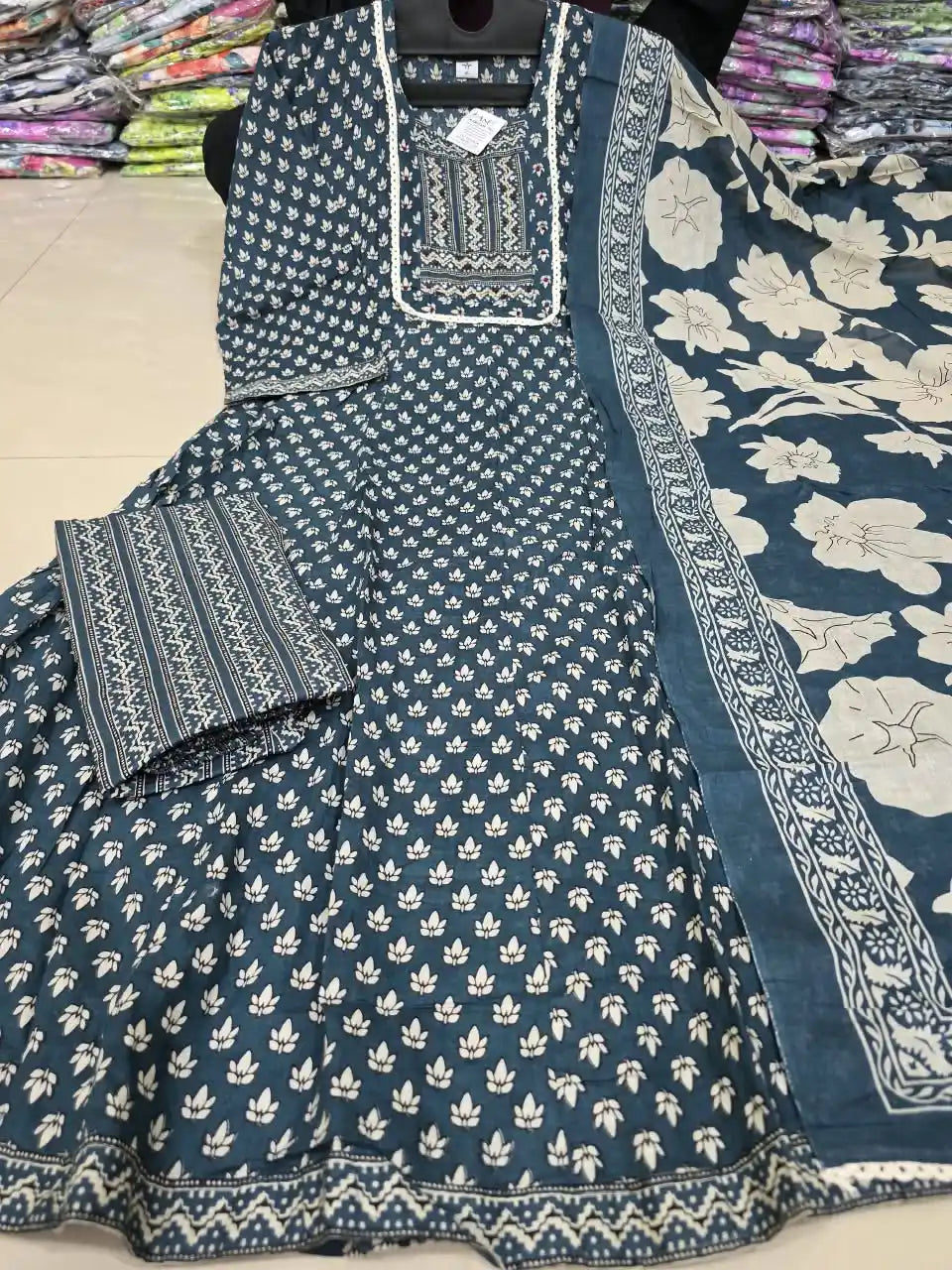 Bottle Green Anarkali Pattern With Jaipuri Kamal Buti Print & Mirror Work Yoke By ASC