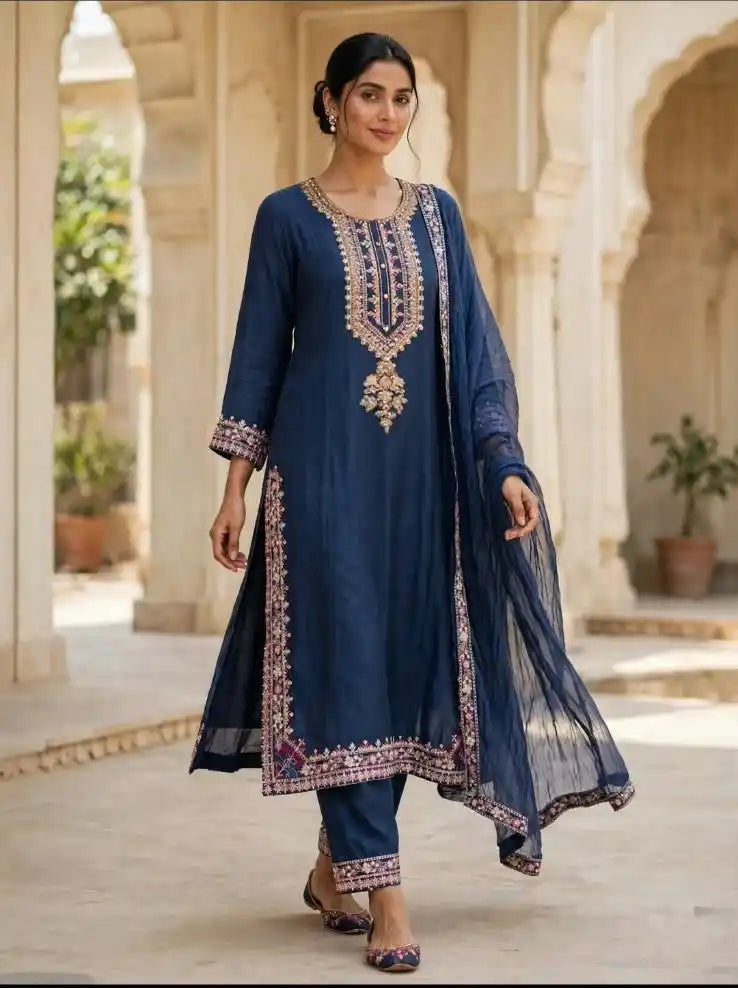 Navy Blue Straight Fit Kurta with Traditional Embroidery Designer Suit - ASC Fashion Store