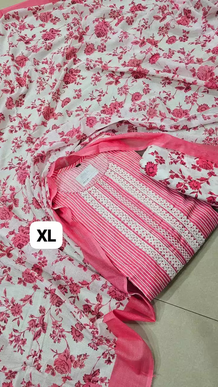Readymade cotton crochet lace suit with neck embroidered straight cut