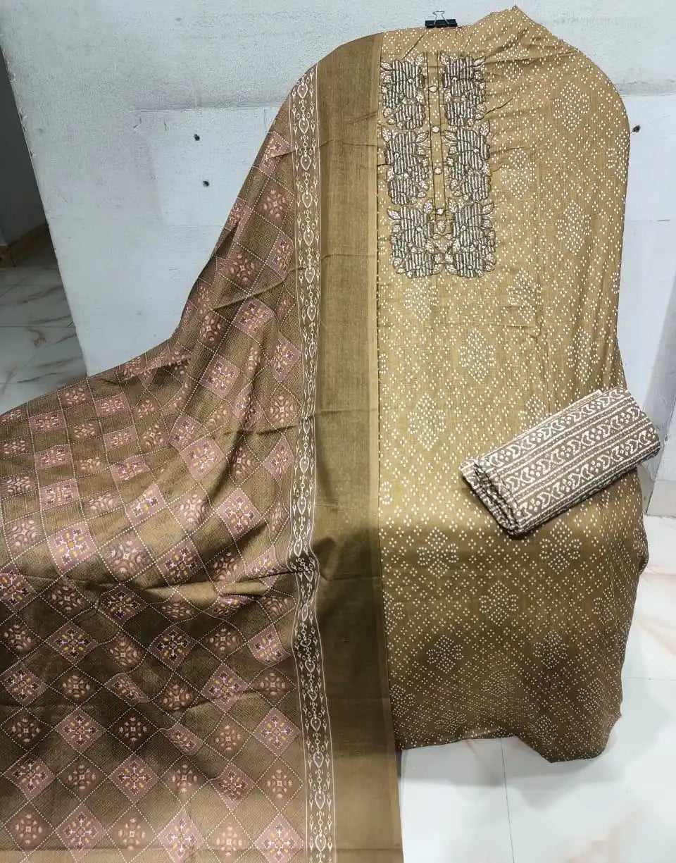 Unstitched Suit with Neck Embroidery & Cotton Dupatta