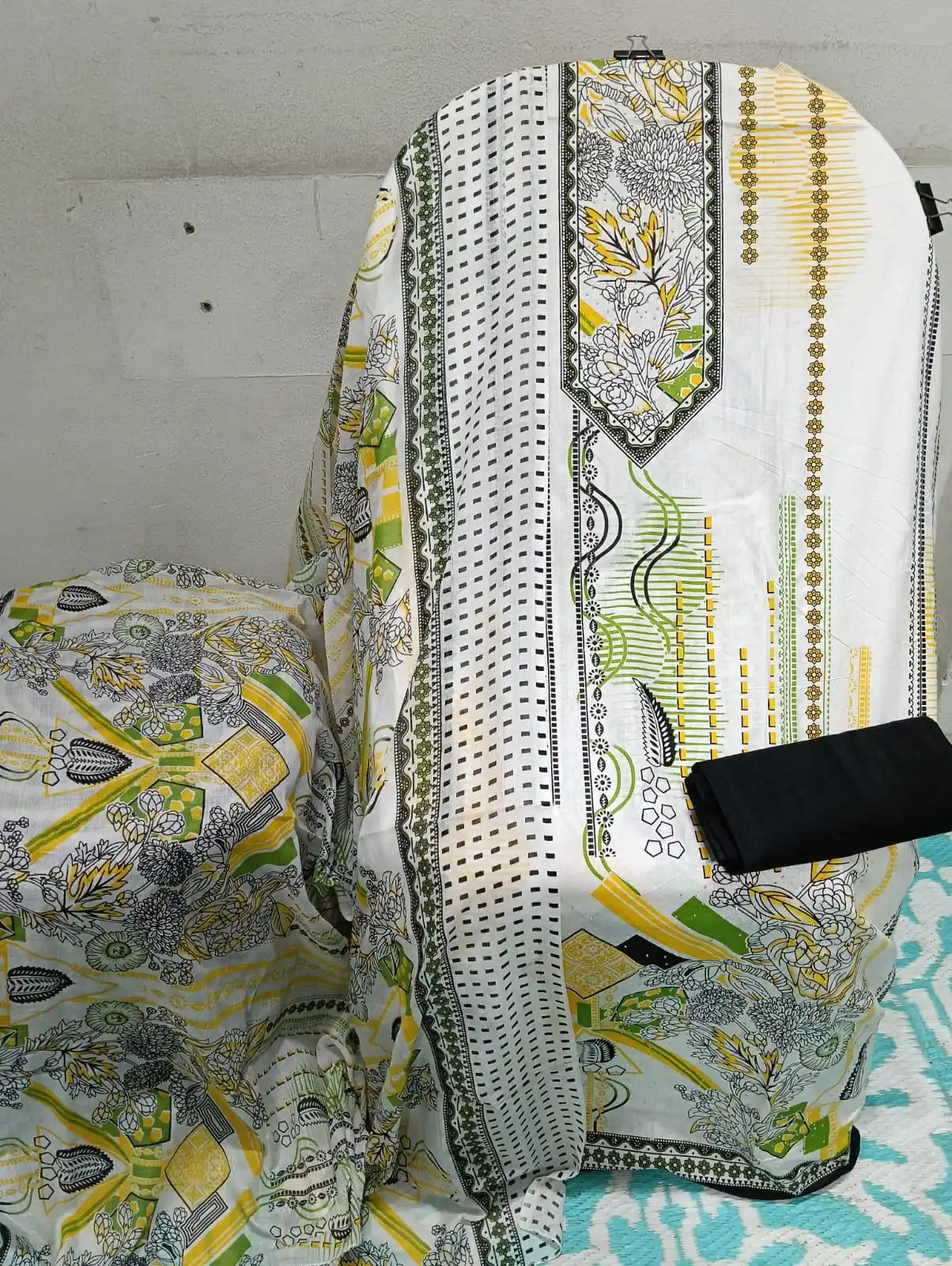 Unstitched Suit with Neck Embroidery & Cotton Dupatta