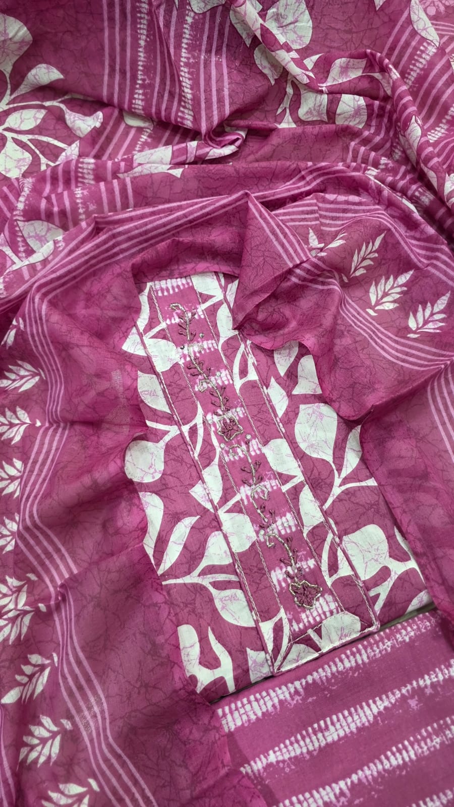 Unstitched Suit with Neck Embroidery & Cotton Dupatta