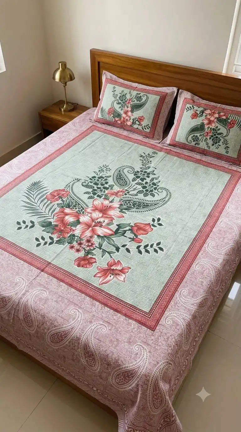 Soothing mint green center panel double bedsheet showcasing a bold rose bouquet print.