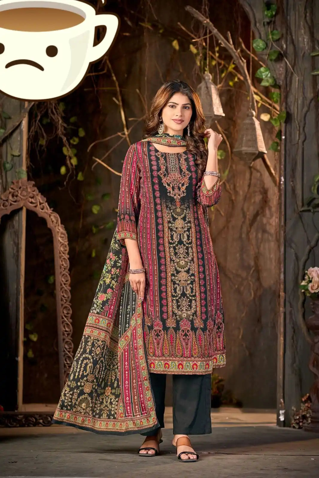 Pure Crepe Readymade Designer Embroidered With Digital Print, Satin Rayon Pant & CREPE DUPATTA