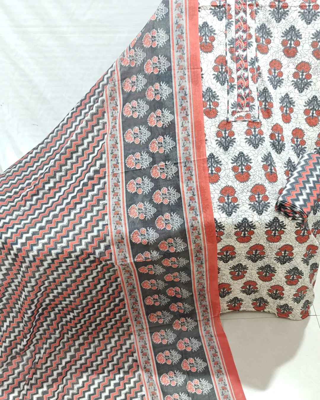 Grey & Coral Sanganeri Booti Print Unstitched Dress Material By ASC