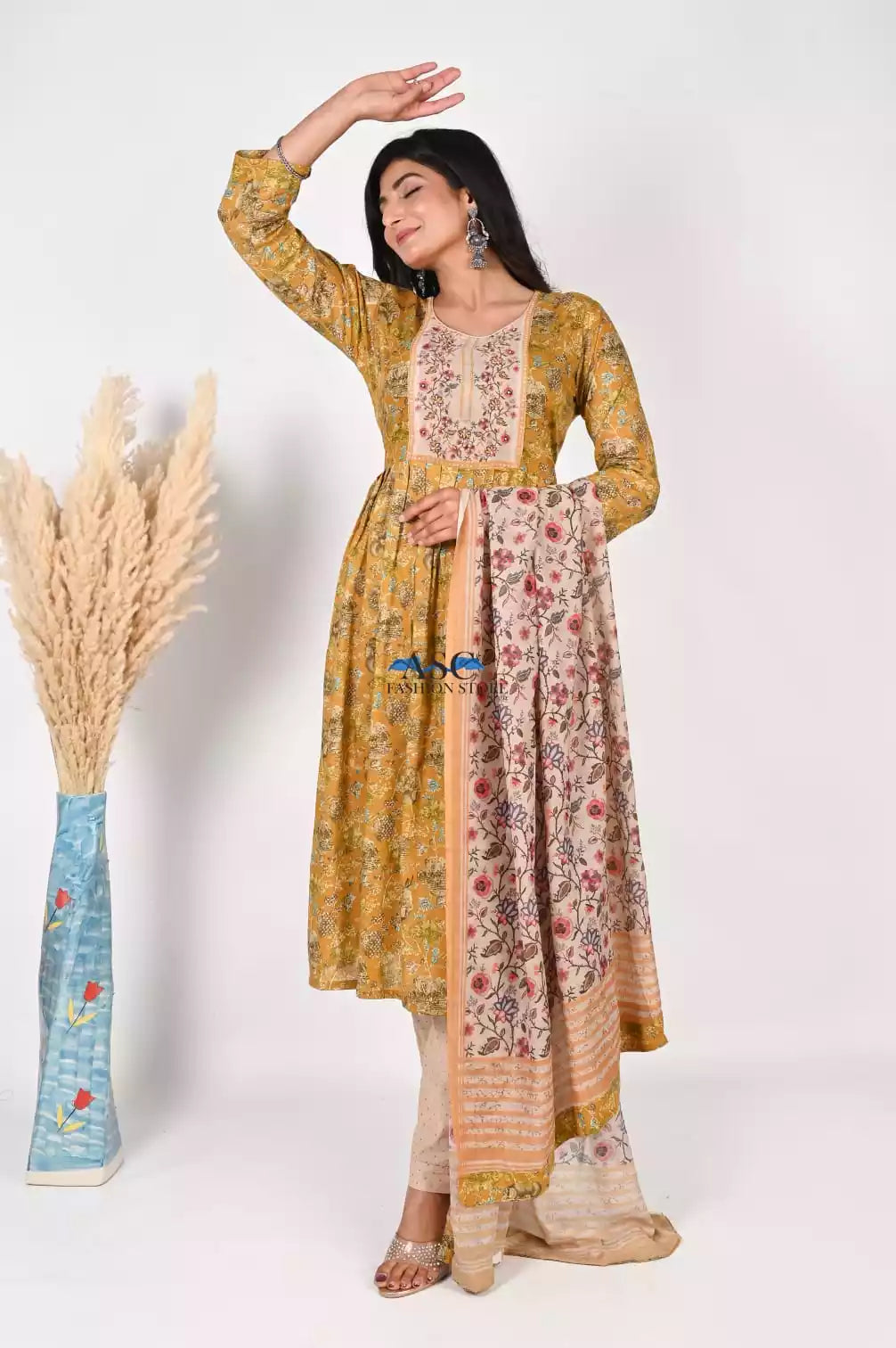 Naira Cut Neck Hand work Readymade Cotton Floral Print With Tabby Silk Digital Dupatta