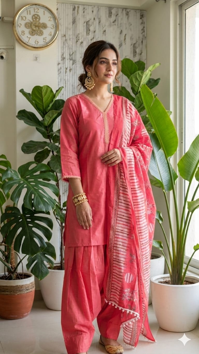 Woman wearing a Farshi Salwar Readymade Cotton Suit With Printed Jaipuri Cotton Dupatta, standing among indoor plants.