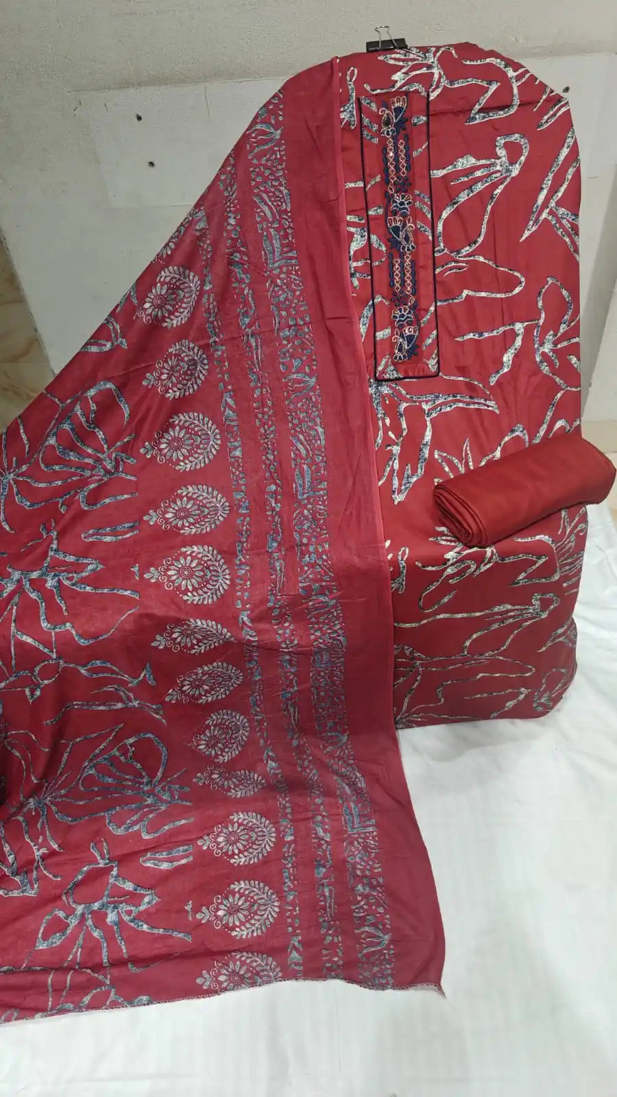 Red Jam Sartin Unstitched Salwar Suit with Elegant Embroidered Neck Patti