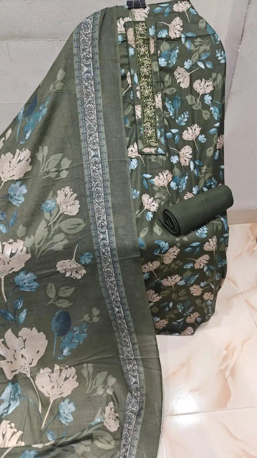 Green Jam cotton with floral print on top and dupatta