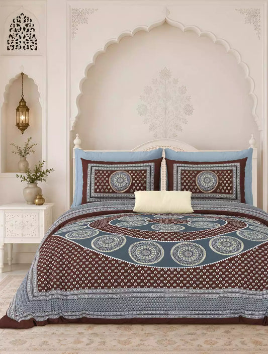Jaipuri block print cotton bedsheet featured on a bed, showing intricate patterns and included pillow covers.