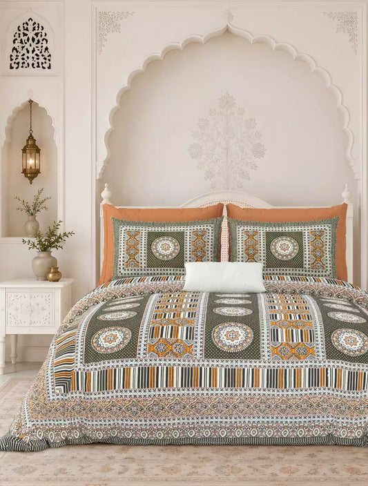 Super King Size Block Print Cotton Bedsheet 8x9 ft with 2 Pillow Covers by ASC Fashion Store in a beautifully styled bedroom.