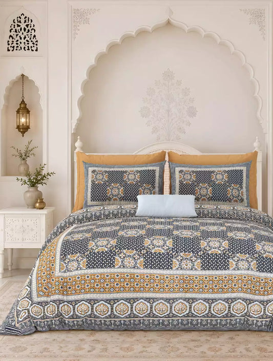 Super King Size Jaipuri block print cotton bedsheet 8x9 ft with 2 pillow covers by ASC Fashion Store.