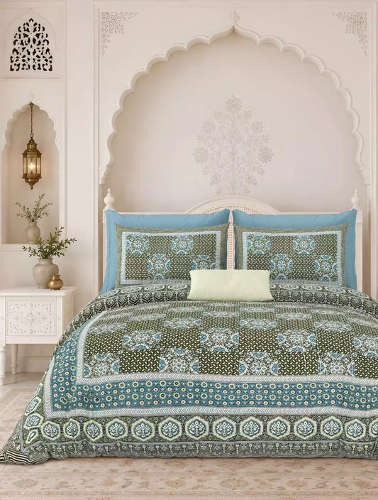 Super King Size Jaipuri block print cotton bedsheet 8x9 ft with 2 pillow covers on a bed.