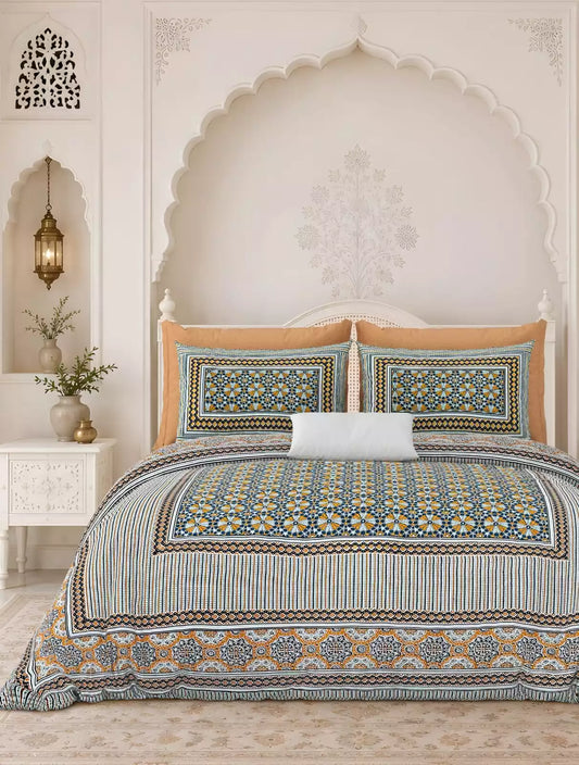 Super King Size Jaipuri block print cotton bedsheet 8x9 ft with 2 pillow covers displayed on a bed.