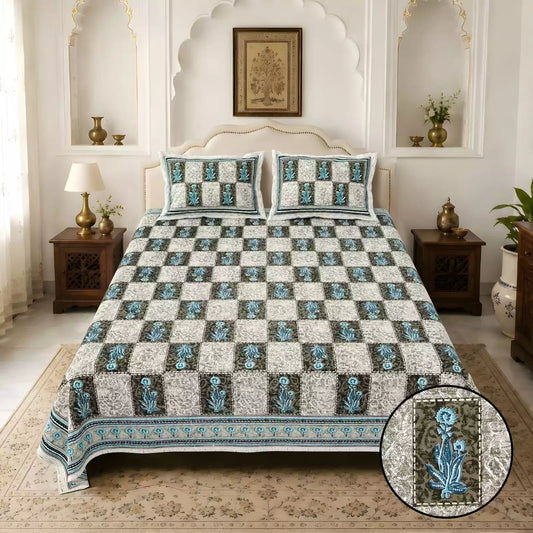 Super King Size Jaipuri block print cotton bedsheet 8x9 ft with 2 pillow covers showcased in elegant bedroom setting.