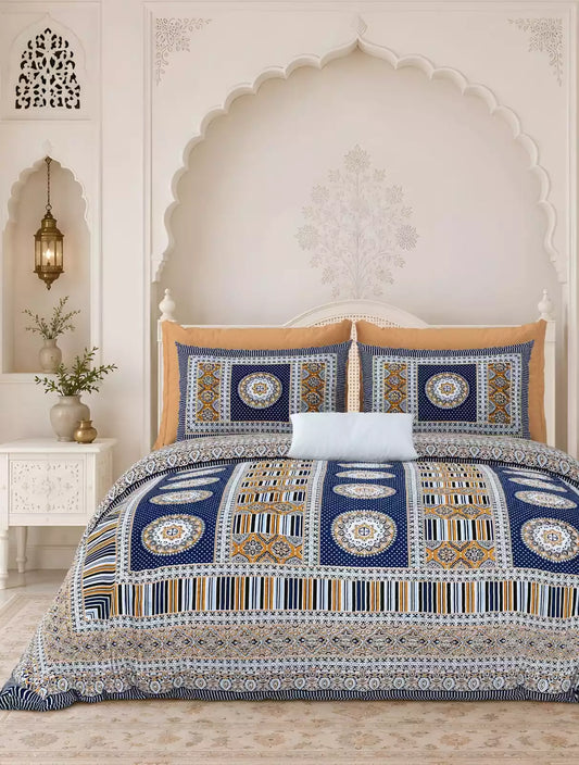 Super King Size Jaipuri block print cotton bedsheet 8x9 ft with 2 pillow covers by ASC Fashion Store.