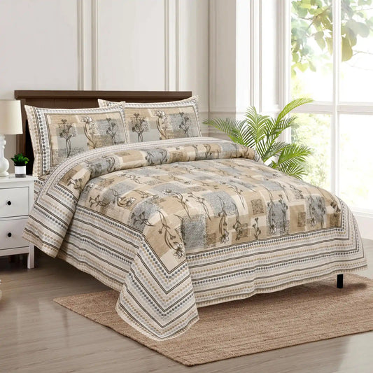 Jaipuri cotton king size bedsheet set with 2 pillow covers displayed on a bed in a stylish bedroom setting.