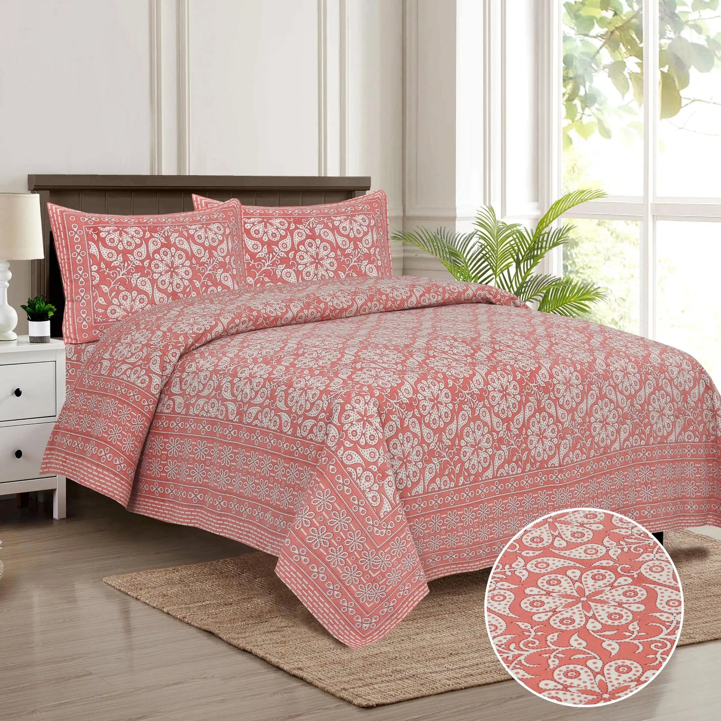 King Size 8ft x 9ft Jaipuri Cotton Bedsheet with 2 Pillow Covers