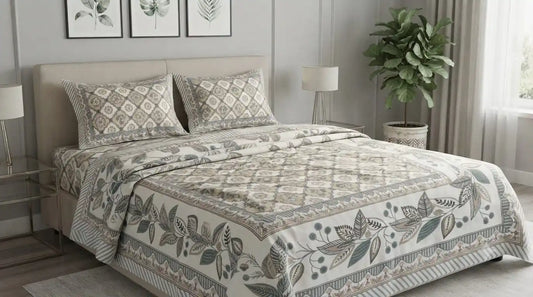 Jaipuri floral super king bedsheet on a stylish bed with decorative pillows and elegant plant decor.