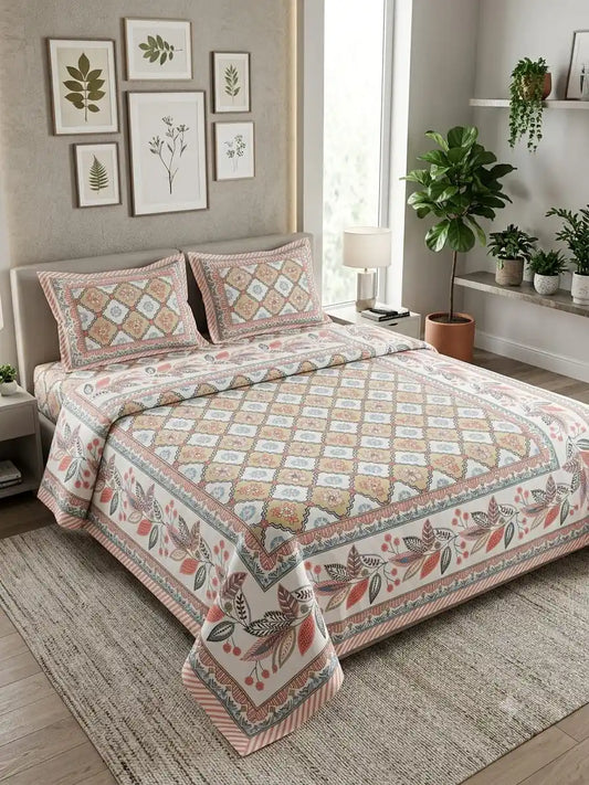 Jaipuri cotton super king bedsheet displayed on a stylish bed in a modern bedroom setting with plants.