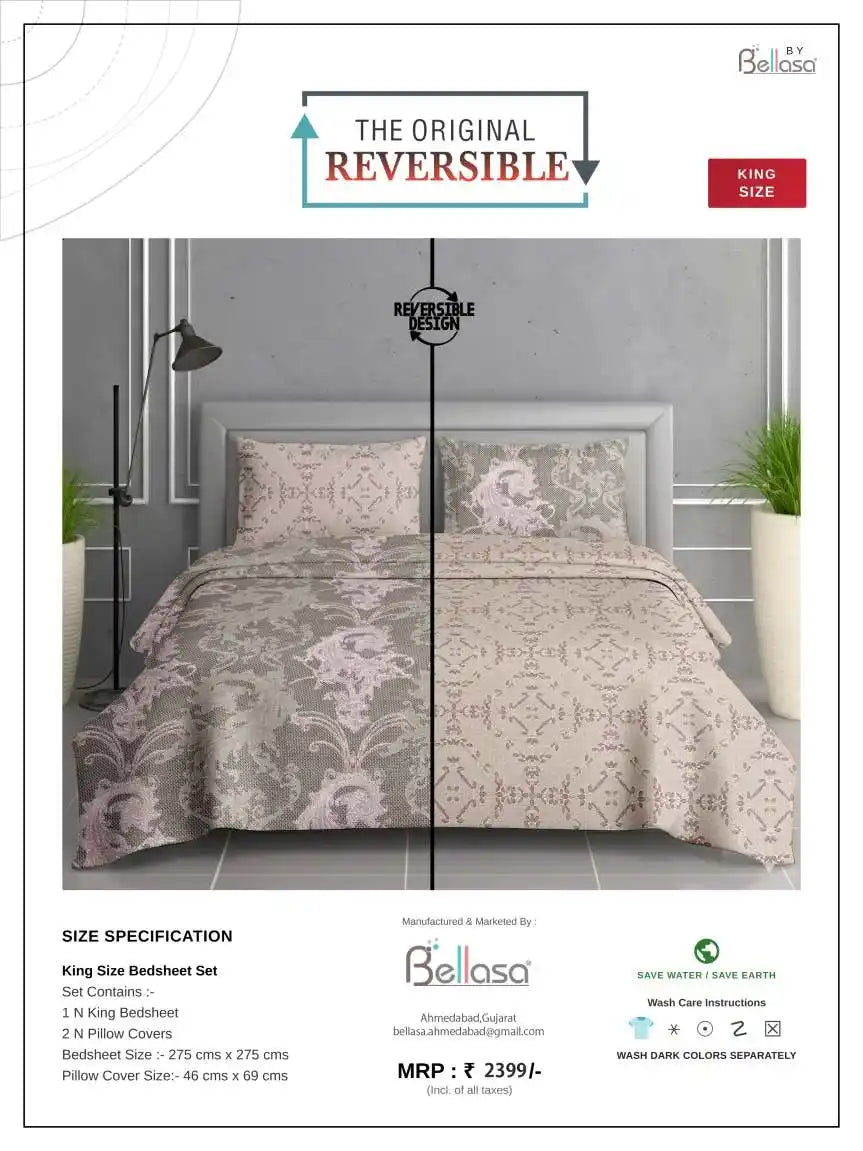 King size reversible cotton bedsheet set 2 pillow covers by Bellasa in elegant designs for stylish bedroom decor.