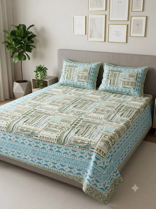 Jaipuri cotton bedding set on a stylish bed with decorative pillows, showcasing traditional floral designs.