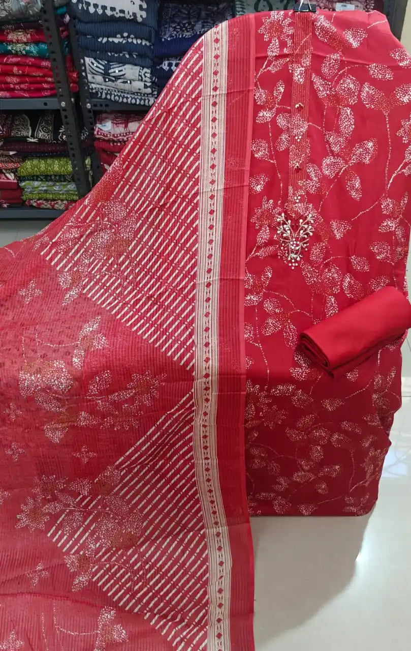 Bright red traditional floral and leaf printed jam satin suit set for all occasions.
