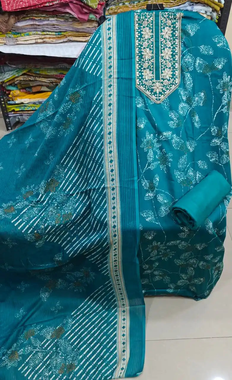 Teal Blue Rayon Unstitched Salwar Suit with Heavy Embroidered Neck & Cotton Dupatta