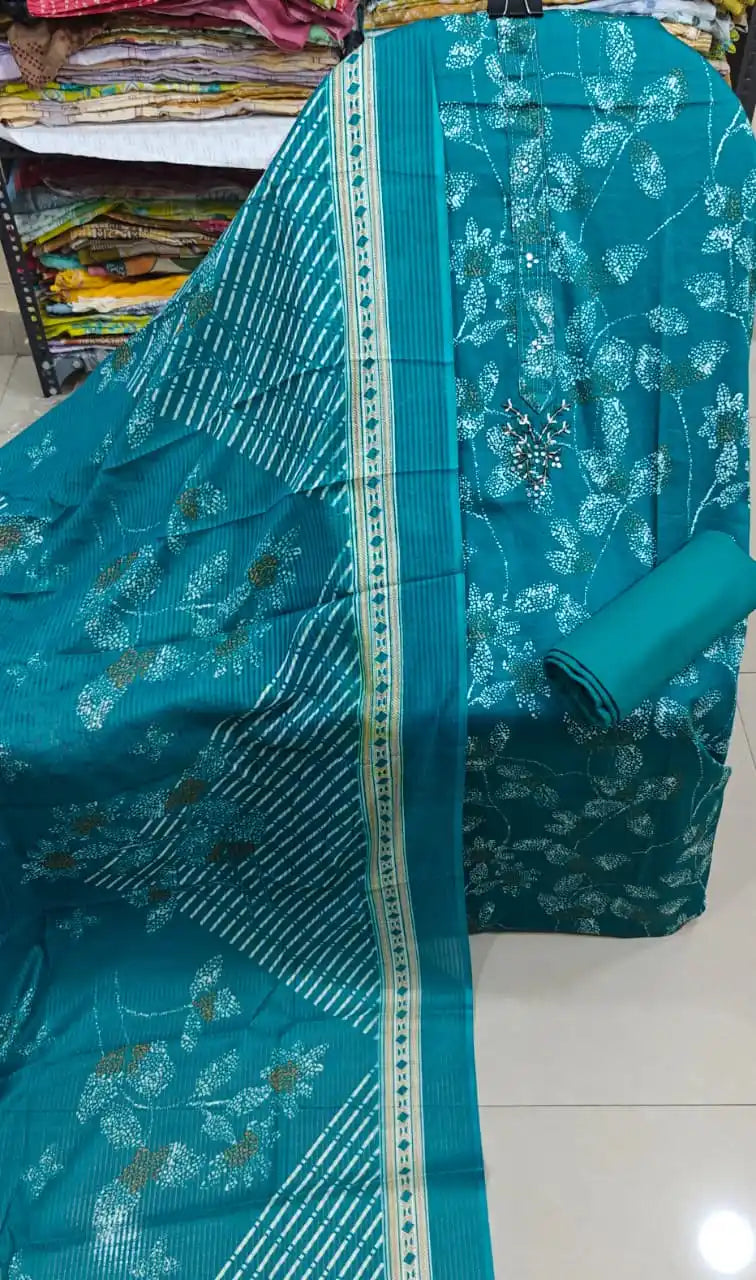 Jam Sartin Fabric Abstract Leaf Print Suit Material with Plain Bottom & Dupatta