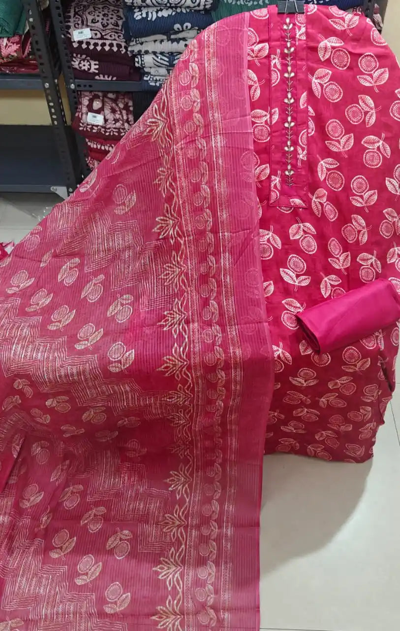 Pink Jaipuri Style Cotton Dress Material with Elegant Threadwork Neckline