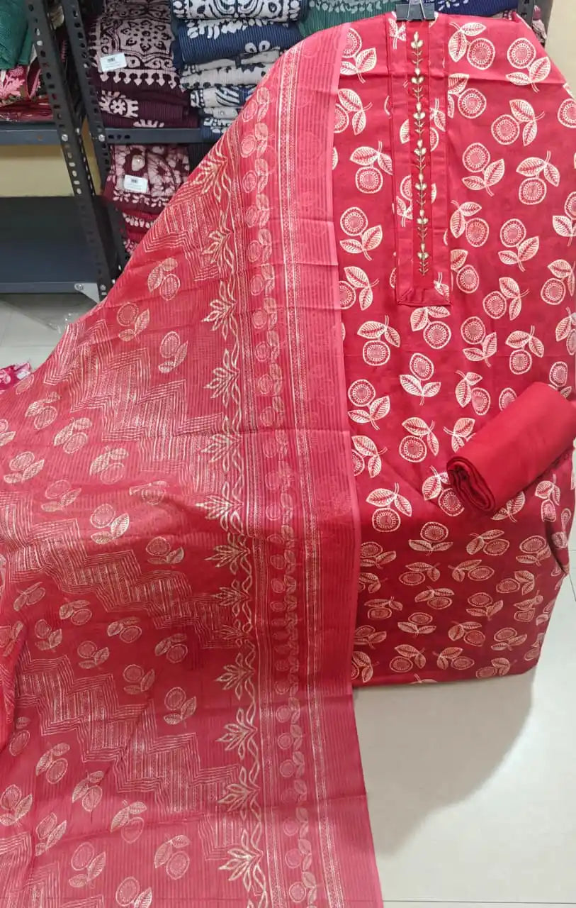 Red Pure Cotton Unstitched Salwar Suit with Embroidered Neck Patti & Block Print Dupatta