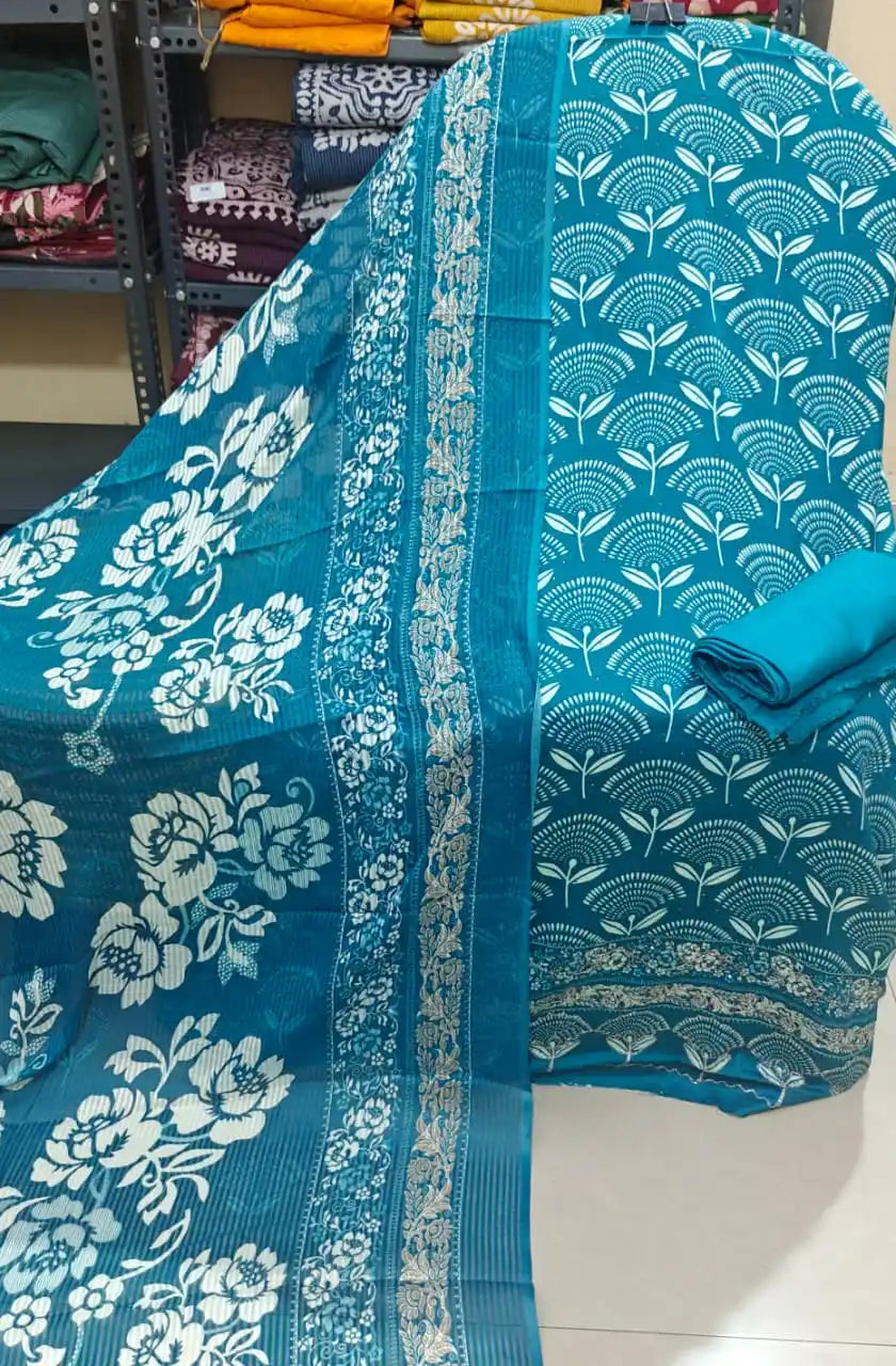 Blue Jam Sartin Fabric Traditional Printed Suit with Large Floral Dupatta