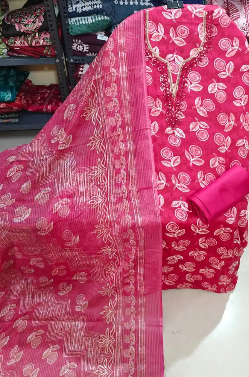 Magenta Pink Unstitched Salwar Suit with Heavy Embroidered Neckline & Cotton Dupatta